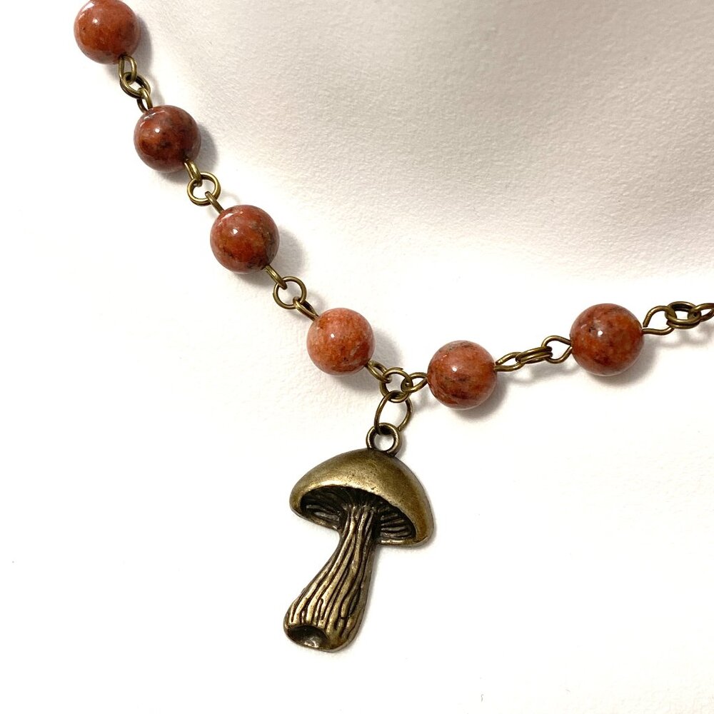 Genuine Red Jasper Short Necklace, Cute Bronze Slim Mushroom + Natural Gemstone
